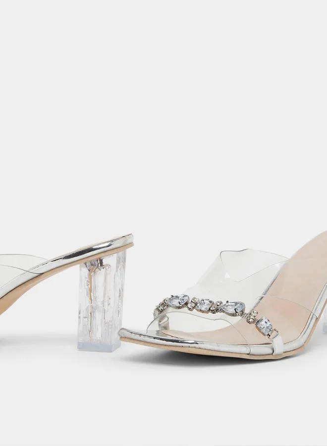 Take Two Embellished Transparent Block Heel Sandals